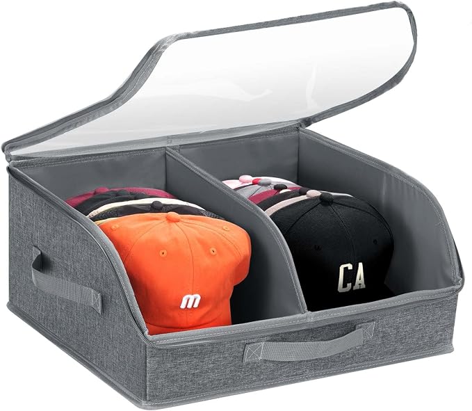 Hat Organizer for Baseball Caps, 2 Compartments Clear Window Hat Storage Box for Closet Hold Up to 24 Caps, Hats Holder Container with Sturdy Cardboard for Home Storage | Dark Gray