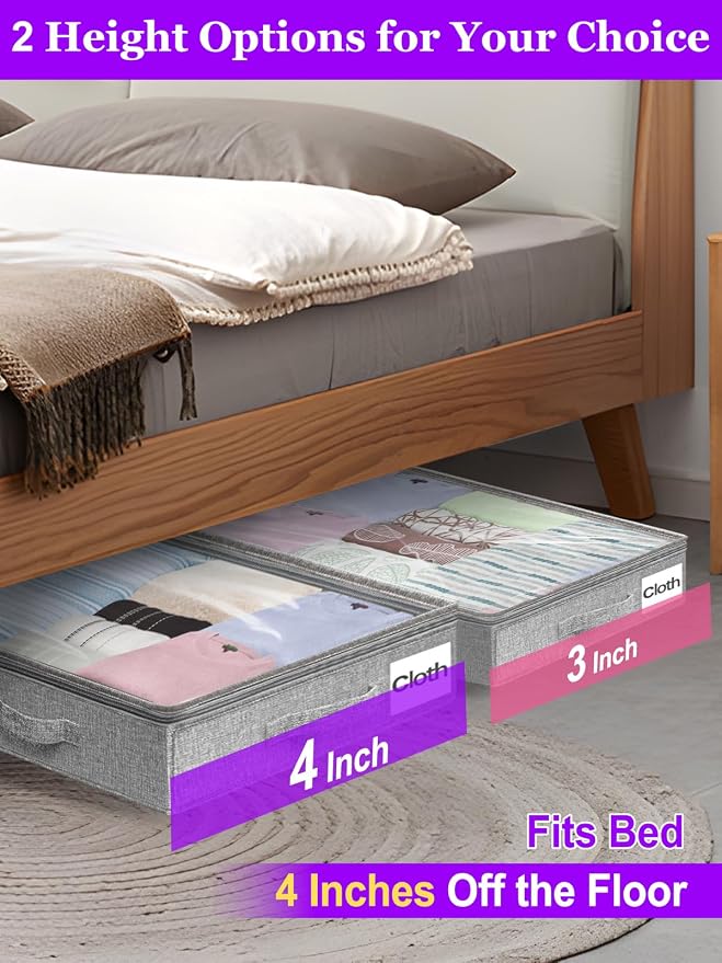 Below 4 Inches High Under Bed Storage, Low Profile Underbed Storage Containers, NO RIGID STRUCTURE, Foldable & Thin Storage Bags, Clothes Organizer w/Clear Lid & Zipper, 2-Pack, 20x40x3.7 Inches, Gray