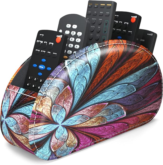 PU Leather Remote Caddy Desktop Organizer with 5 Spacious Compartments for TV Remotes/Media Controllers/Office Supplies (Fractal Flower)