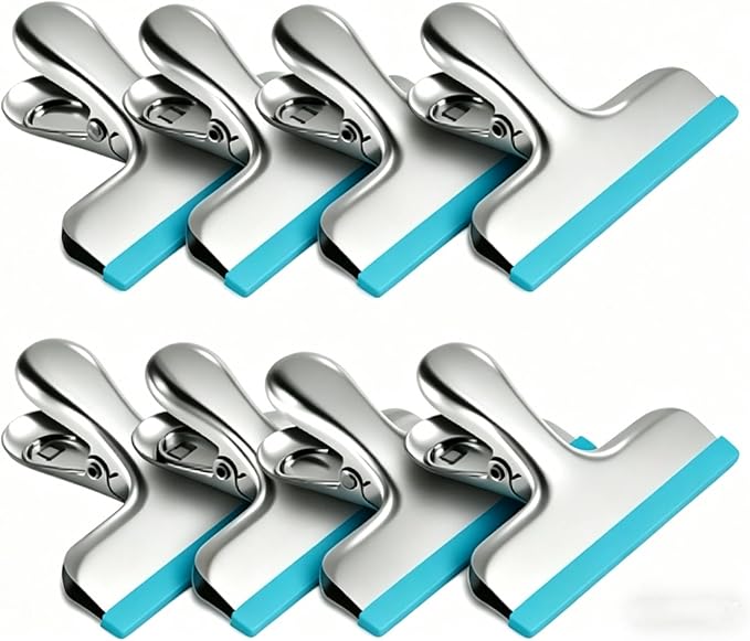 HOUSE AGAIN 8 Pack Stainless Steel Chip Bag Clips Covered with Silicone - NO More Sharp Edges - Color Coded for Food Bags - Air Tight Seal, Heavy Duty for Kitchen and Office, 3 Inches, Blue