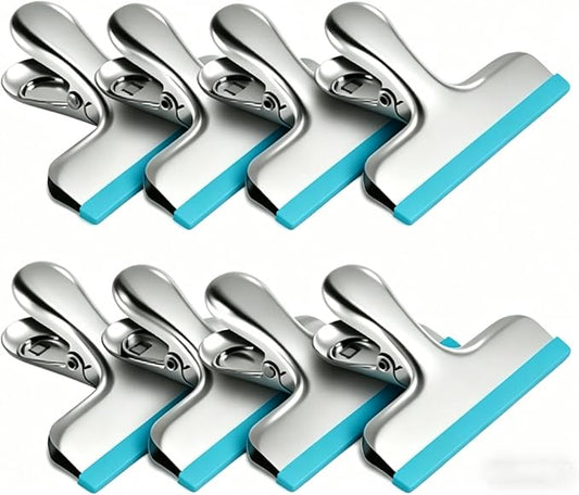 HOUSE AGAIN 8 Pack Stainless Steel Chip Bag Clips Covered with Silicone - NO More Sharp Edges - Color Coded for Food Bags - Air Tight Seal, Heavy Duty for Kitchen and Office, 3 Inches, Blue