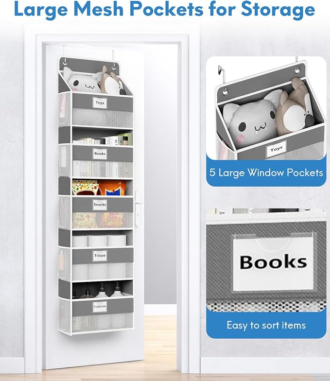 Optish Over The Door Organizer Hanging, 5 Shelf Behind The Doors Storage, Pantry Door Organizer, Closet Organizers for Bedroom and Nursery (Dark Grey)