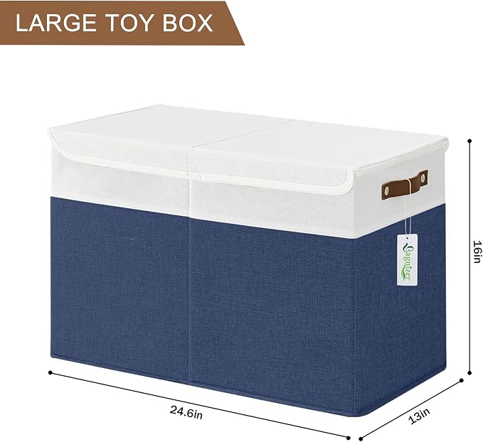 Bagnizer Large Toy Storage Box with Lids, Collapsible Sturdy Baby Storage Organizer Chest Bin Basket for Kids, Boys, Girls, Playroom, Nursery, Bedroom, Closet 25"x13"x16" (Navy Blue and White)