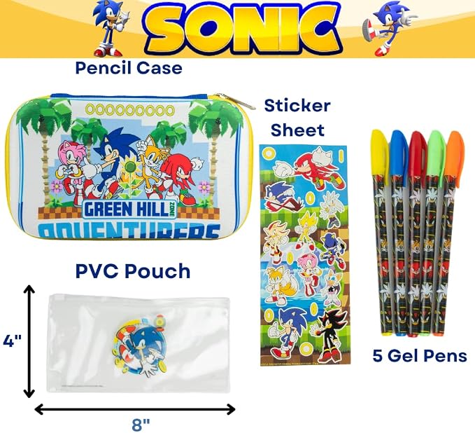 Innovative Designs Sonic the Hedgehog Pencil Case Set with Stickers and Gel Pens for Kids, Molded with Zip Closure, Blue