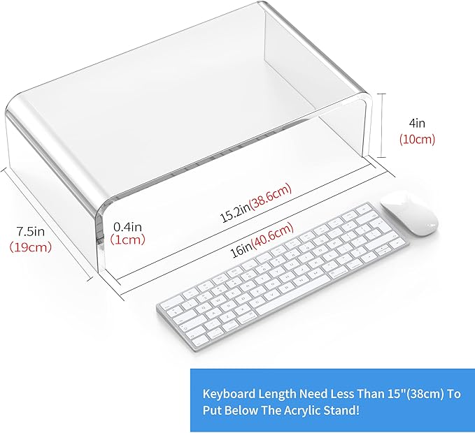 Acrylic Computer Monitor Stand Riser Clear Laptop Stand for Desk | L16''xW7.5''xH4'' PC Holder Riser Compatible with All Notebooks and Monitor Sturdy Transparent Decoration for Office and Home