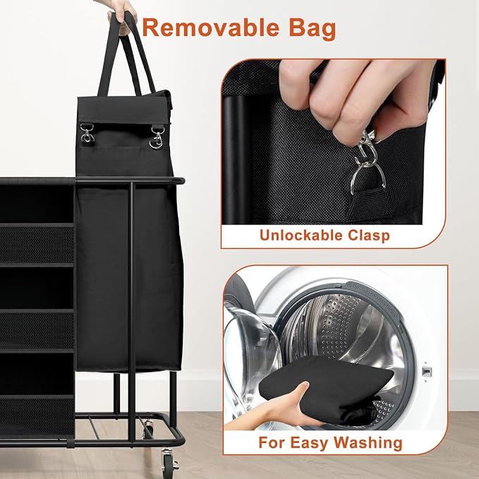 WOWLIVE Laundry Sorter with Wheels, 100L Rolling Laundry Hamper | Laundry Cart with Steel Frame, Laundry Basket with Hanging and Removable Bag, Storage Unit Basket Organizer for Dorm, Black