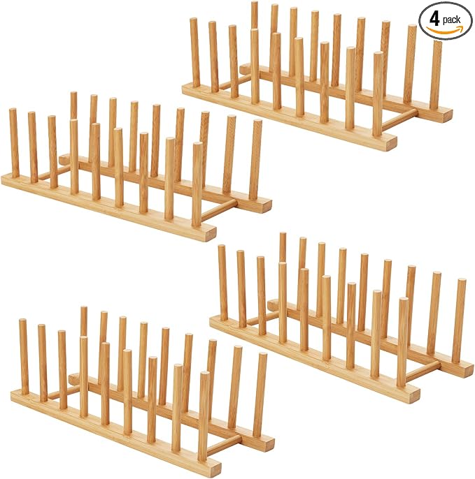 HBlife 4pcs Bamboo Dish Plate Bowl Cup Book Pot Lid Cutting Board Drying Rack Stand Drainer Storage Holder Organizer Kitchen Cabinet (Keep Dry)