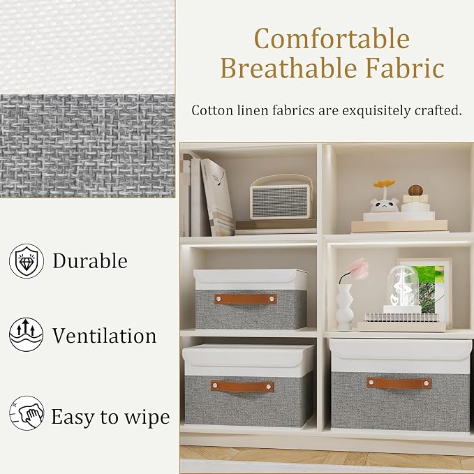 OUTBROS Storage Box with Lids, 17.7x11.8x11.8 inch (White/Grey, 3-Pack) | Foldable Linen Wardrobe Containers, Organiser For Towels, Clothes