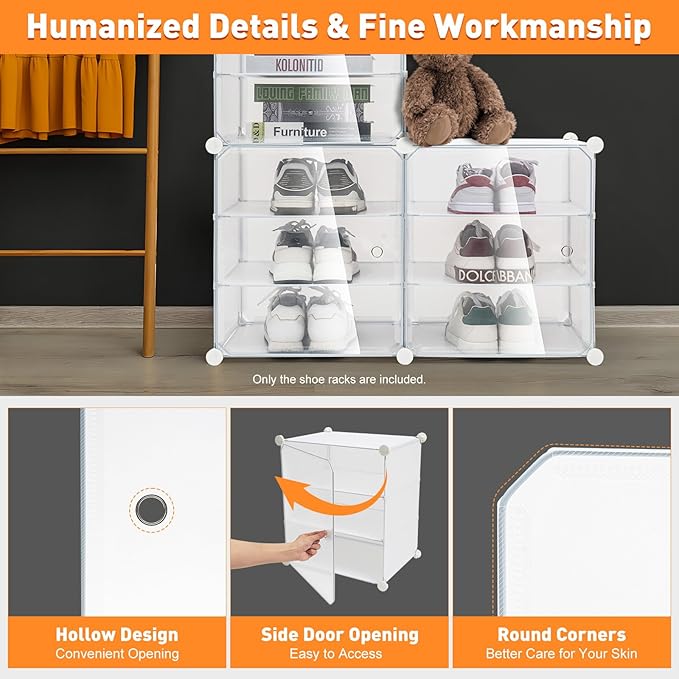 12Pcs 3-Layer Shoe Storage Box, Foldable Shoe Organizer Boxes Capable of Holding 72 Pairs, Plastic Shoe Organizer with Transparent Cover, Free Standing Shoe Rack Expandable for High Heels, Boots