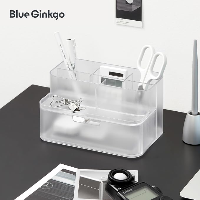 BLUE GINKGO Compact Desk Organizer – Small 5-Compartment, Half Drawer Storage – Pen Holder, Stationery Organizer for Desktop, Vanity, Shelf (Made in Korea, Transperent)