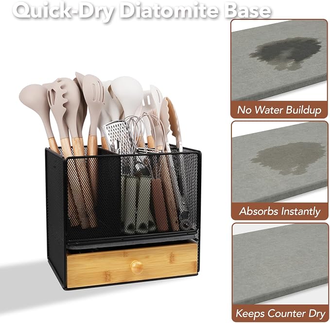 Kitchen Utensil Holder Countertop, Extra Large Utensil Organizer with Drawer, 2-Tier Utensil & Silverware Organizer for Kitchen Counter, Cooking Utensil Cutlery Caddy, Quick Dry Diatomite Base