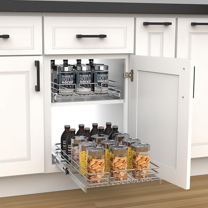 Pull Out Cabinet Organizer, Heavy-Duty Metal Sliding Drawer Shelf for Kitchen Cabinets, Chrome, Doesn't Include Door Fittings (11 * 21 IN)