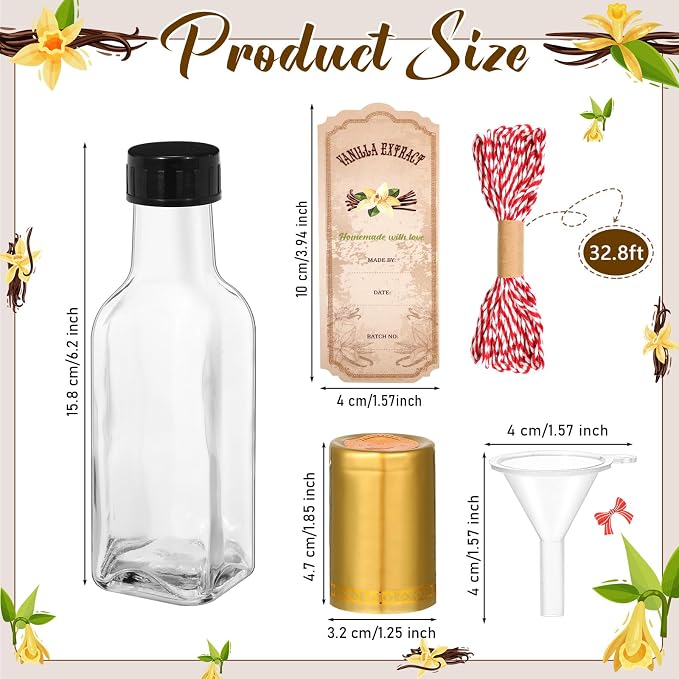 Tioncy 12 Pcs Vanilla Extract Bottles for Homemade Vanilla Jar Glass Square Bottle with Cap Shrink Band Sticker Syrup Food Storage Canister for Liquids Bean Sauce Spice Gift Giving(Gold,5 oz)