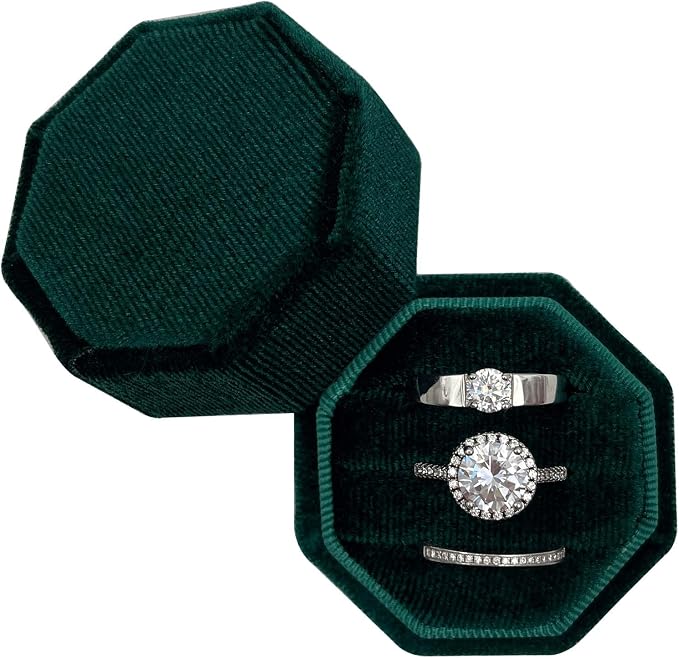 Velvet Ring Box 3 Slots Wedding Day - Octagonal Premium Rings Holder Handmade Ring Bearer Jewelry Storage Organizer for Wedding Ceremony, Christmas, Photography Prop (Emerald)