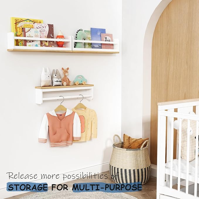 Harwaya Floating Nursery Book Shelves for Wall, 24 Inch Long Wall Bookshelf for Kids Room, White and Natural Wood Hanging Bookshelves for Baby Toddler Childrens Kids Bedroom Bathroom (Set of 3)