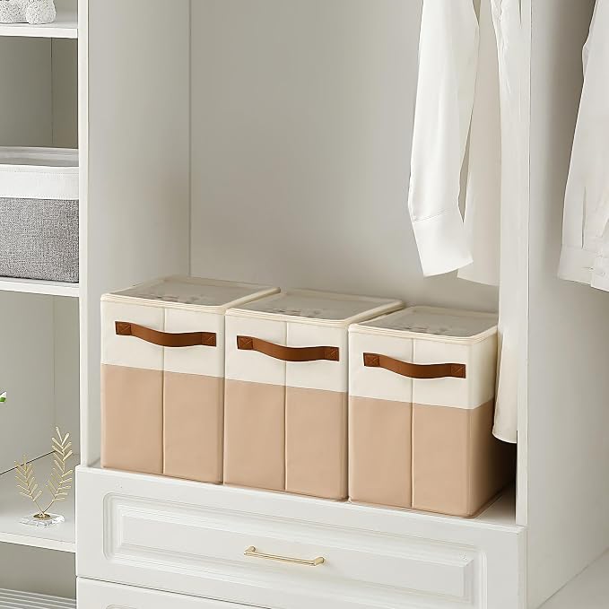 Varhomax Shoe Organizer Box 3 Pack for Closet,Small Fabric Shoe Storage Bin with Adjustable Dividers & Clear Cover, Saving Space Sneakers & Sandals Containers for Entryway, Cubby