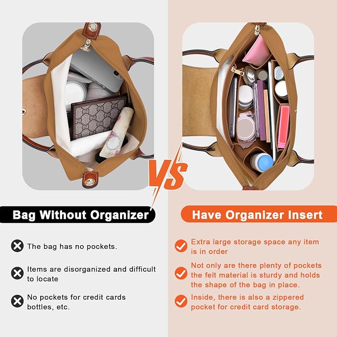 LOUKAYCCI Purse Organizer Insert for Longchamp Le Pliage L Handbag Insert Felt Long Champ Tote Bag Organizer Insert with Cup (EarthColor, Large)