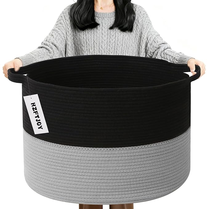 90L Extra Large Blanket Basket,Woven Laundry Basket Hamper with Handles, Decorative Nursery Basket Storage Bin for Toys, Clothes Organizer, Living Room, Bedroom, Bathroom, Black&Light Grey