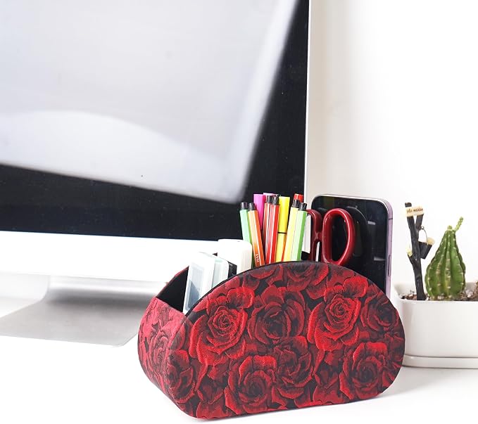 Remote Control Holder, PU Leather Remote Caddy Desktop Organizer with 5 Spacious Compartments for TV Remotes/Media Controllers/Office Supplies (1-3D Rose Red