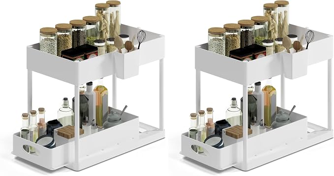 Under Sink Organizers and Storage | Bathroom Cabinet Organizer, Sink Shelf with Utility Hooks and Side Caddy for Under Cabinet Storage | White (2-Pack) Under Kitchen Sink Organizer with Sliding Drawer