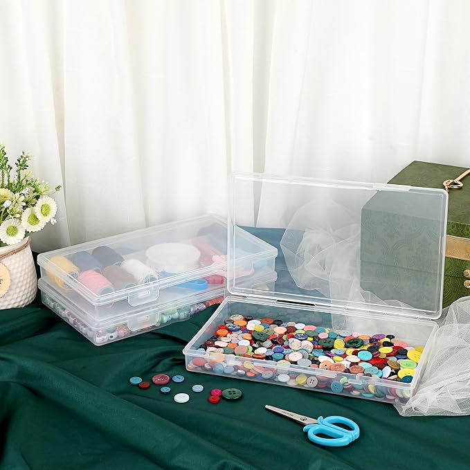 BTSKY Clear Plastic Storage Box with Flap Lid, Multipurpose Craft Organizers and Storage Box Art Supply Storage Organizer Plastic Sewing Box for Beads Pencils Sticky Notes, 4 Pack Medium Small
