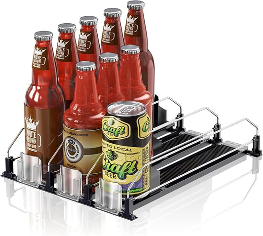 Drink Organizer for Fridge,12oz 16oz 20oz - Soda Can Dispenser for Refrigerator,Width Adjustable,Automatic Pusher Glide (Black, 15" D 3ROW, Holds 15 Cans)