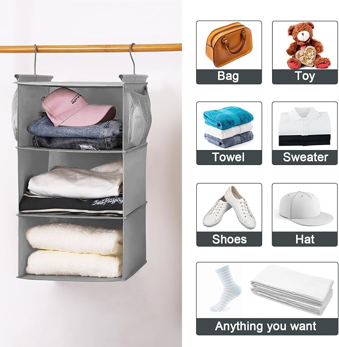 MAX Houser 3 Tier Shelf Hanging Closet Organizer, Space Saver,Closet Hanging Shelf with 2 Sturdy Hooks for Storage, Foldable (Grey)