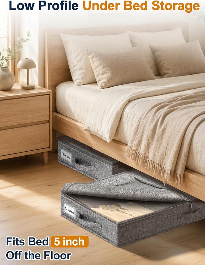5 Inch High Under Bed Storage Containers 2-Pack, Low Profile Underbed Storage Bins with Rigid Structure, Clear Window & Handles, Foldable Organizer for Clothes, Blankets, Shoes, Bedroom & Dorm, Gray