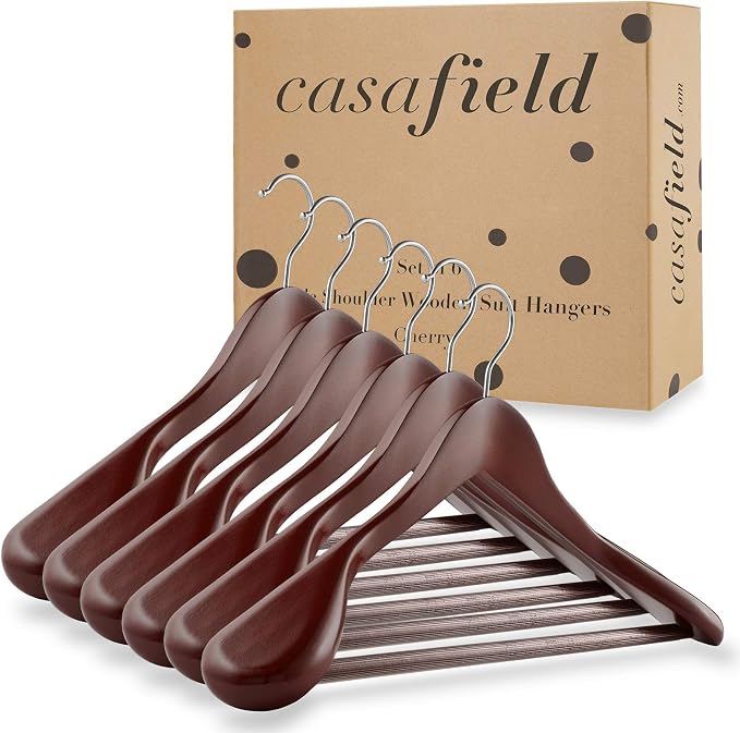 Casafield - 6 Cherry Wide Shoulder Wooden Suit Hangers - Premium Lotus Wood, Non-Slip Pant Bar & Chrome Swivel Hook for Dress Clothes, Coats, Jackets, Pants, Shirts, Skirts