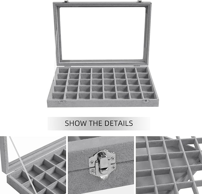 Stratalife 40 Grid Earring Organizer: Jewelry Holder Organizer Box with Clear Glass Lid, Velvet Jewelry Storage for Studs, Earrings, Rings, Necklace with Removable Dividers for Dresser, Grey
