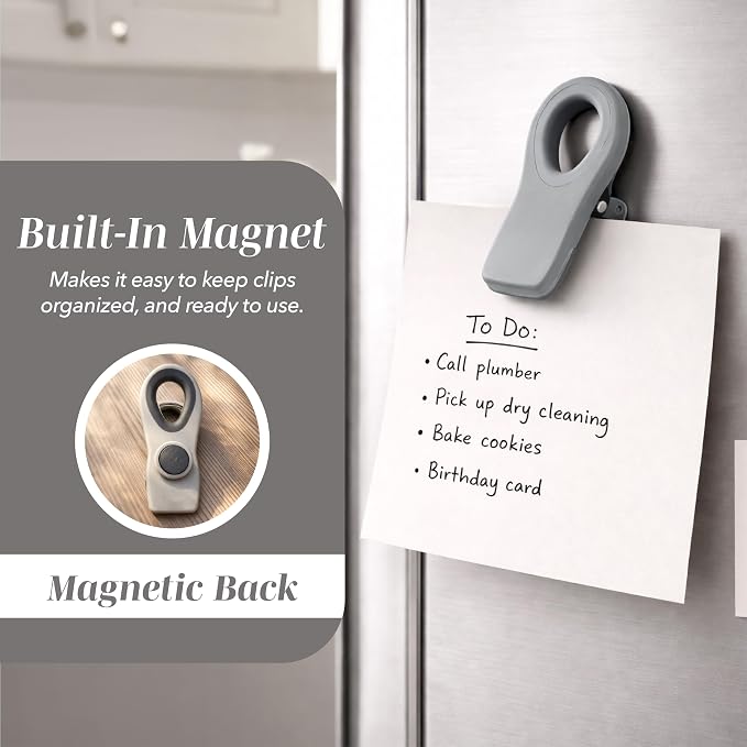COOK WITH COLOR Bag Clips with Magnet- Food, Chip, Bag Clips for Food Storage with Airtight Seal Grip for Bread, Snack and Food Bags (Pink and Grey, Pack of 10)
