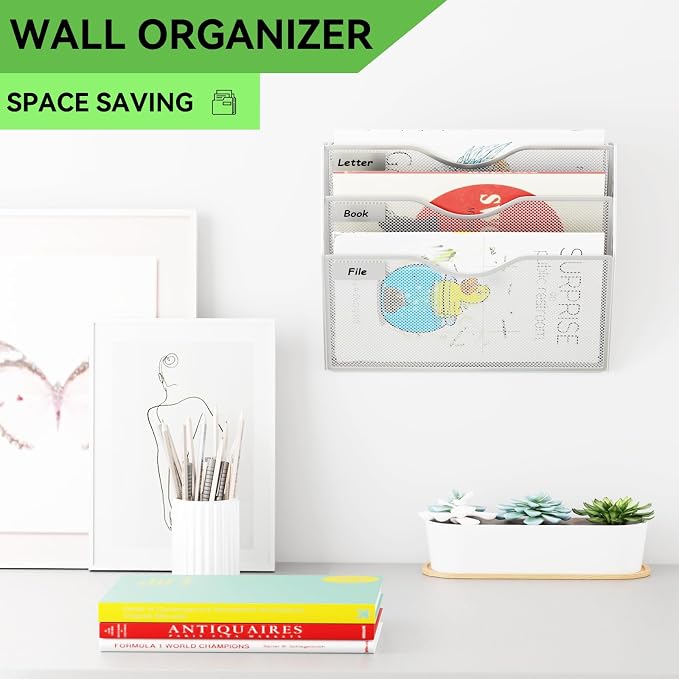 3 Pockets Hanging Wall File Organizer Mail Holder, Wall Mounted Paper Document Folder Holder, Clipboard Storage Organization Magazine Rack, Silver