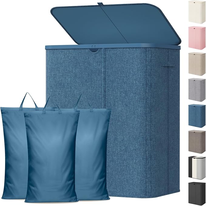 Lifewit 185L 3 Section Laundry Hamper with Lid, Large Laundry Basket with Handles and Removable Bags, Tall Clothes Hamper, Foldable Laundry Sorter for Bedroom Bathroom, Dark Blue