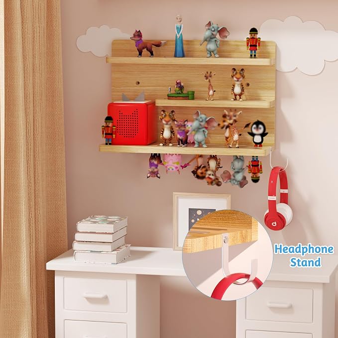 for Tonies Shelf Magnetic - 3 Tier Wooden Tonies Figure Organizer, Natural | Tonies Box Holder, Magnetic Display Shelf for Kids Room, Wall Floating Shelves Toy Storage Compatible Charging Station