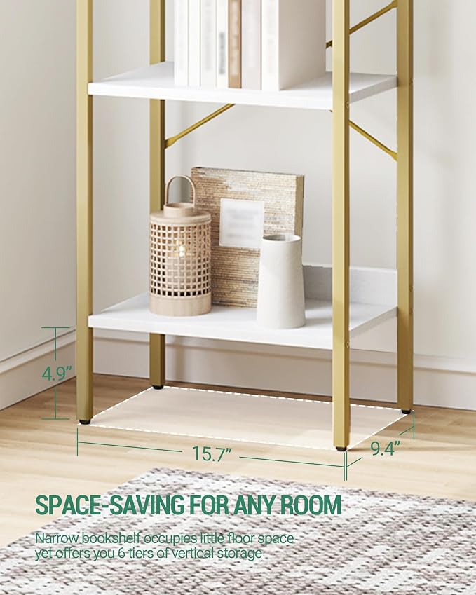 Hzuaneri Bookshelf, Book Shelf, Industrial Bookcase with 2 Hooks, Coner Shelf Storage Organizer for Home Office, Living Room, Bedroom, Kitchen, 6-Tier White-Gold BC10713G
