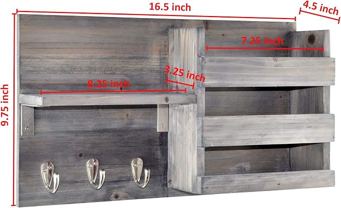 Wall-Mounted Key Holder Hooks - Rustic Wood Weathered Grey & Black - Entryway Organizer for Mail, Leashes, and Purses - Floating Shelf, 16.5” W x 9.75" H x 4.5” D
