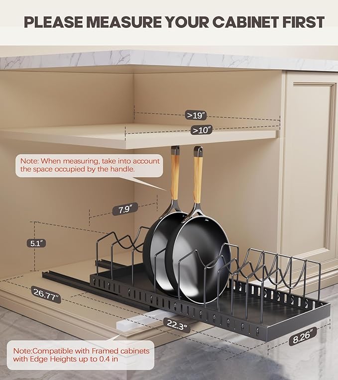 Pull Out Pots and Pans Organizer Under Cabinet, Expandable Sliding Lid Holder and Pan Rack for Kitchen, Slide Out Inside Cabinet for Pot Lid, Bakeware, Dishes, 10 Adjustable Dividers, 2 Pack Black
