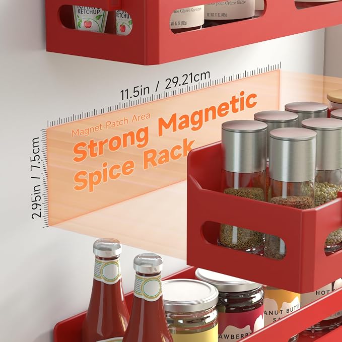Sevenblue 4-Pack Magnetic Spice Rack for Refrigerator with Hooks, Red | Strong multipurpose magnetic shelf for kitchen & bathroom organization. Includes 4 removable hooks for hanging items.