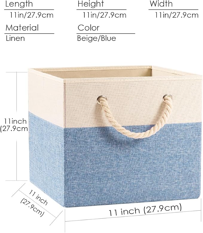 PRANDOM Large Foldable Cube Storage Bins 11x11 inch [4-Pack] Fabric Linen Storage Baskets Cubes Drawer with Cotton Handles Organizer for Shelves Nursery Closet Bedroom Beige/Blue