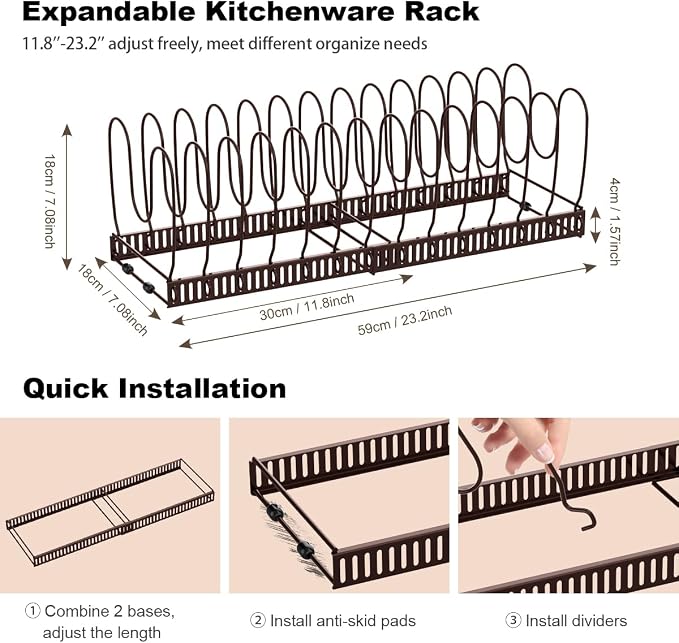 Housolution Pot and Pan Organizer Rack for Cabinet, Expandable Pot Lid Organizer with 15 Adjustable Dividers, Pan Holder Storage Rack for Kitchen Cabinet, Bronze