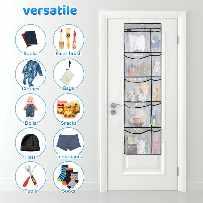 Weekly Kids Clothes Organizer - Day of Week School Clothing Organizer, Monday to Friday Time Save, No Odour, 5-Shelf Hanging Closet Storage (Grey)