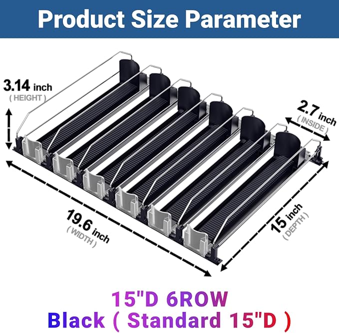 Drink Organizer for Fridge,12oz 16oz 20oz - Soda Can Dispenser for Refrigerator,Width Adjustable,Automatic Pusher Glide (Black, 15" D 6ROW, Holds 30 Cans)