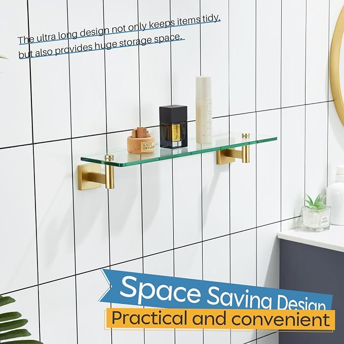 KOKOSIRI Wall Shelves Floating Shelf 20'' Gold Stainless Steel Bathroom Hardware Tempered Glass Hanging Rack Storage/Room Decor 2 Pack B1105BG-L20-P2