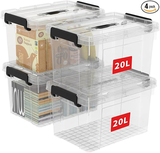 Cetomo Lidded Storage Bin with Handle, Tote Organizing Container with Durable Lid and Secure Latching Buckles, Stackable and Nestable, Plastic, 25 Quart-4 Pack, Clear