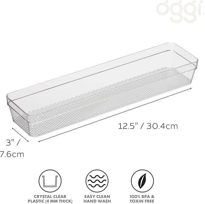Oggi Clear Drawer Organizer - 3" X 12.5" - Ideal for Organizing Kitchen Drawers, Office, Desk, Silverware, Kitchen Utensils, Cosmetics and Bathrooms