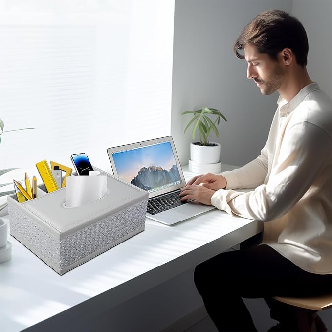 Tissue Box Cover Rectangle White Kleenex Box Holder PU Leather Facial Tissue Organizer,Multifunctional Remote Control Stationery Storage Box,Home Office Supplies Car Napkin Caddy