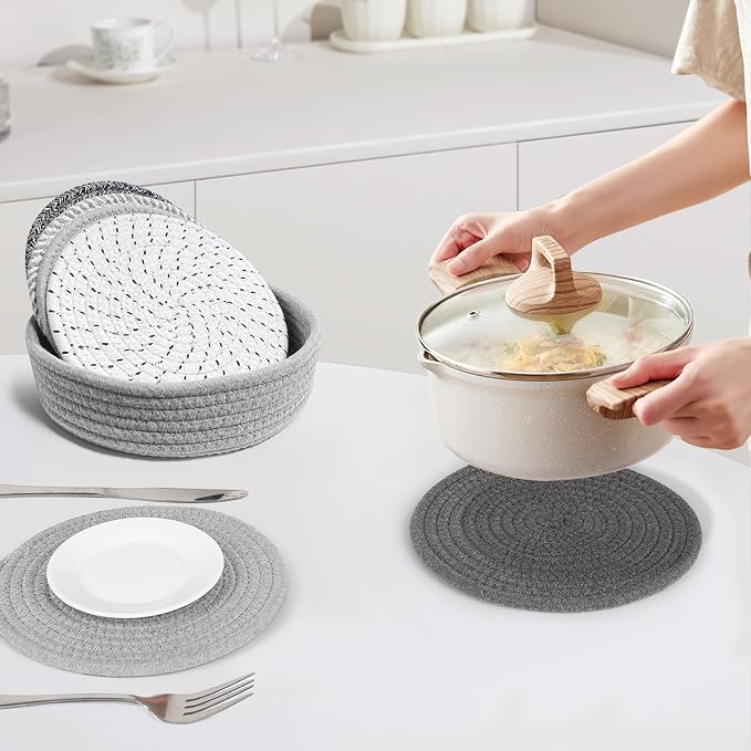8 Inch Trivets for Hot Dishes, 6 Pcs Cotton Hot Pads with Basket | Large 8-inch cotton trivets for hot pots and dishes; basket adds easy storage and farmhouse style