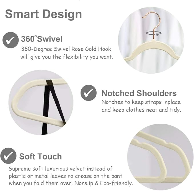 VECELO Premium Velvet Clothes Hangers Suit Heavy Duty (60 Pack)-Non Slip & Space-Saving with 8 Finger Clips & Tie Rack Excellent for Men and Women,Beige