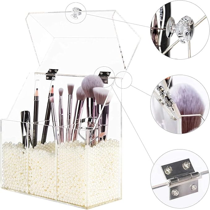 YestBuy Clear Makeup Brush Holder, Acrylic Makeup Brush Organizer For Vanity, Cosmetic Brush Storage Box with Pearls, For Bathroom, Bedroom, Vanity Countertop