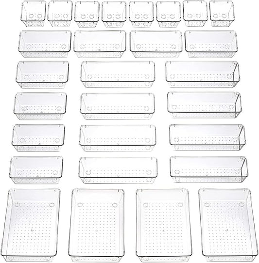 Byomostor 28PCS Clear Plastic Drawers Organizer in 4 Sizes, Ultimate Drawer Organizer Bins for Bathroom, Vanity, Junk Drawer, Office - Store Makeup, Jewelries, Supplies, and Tools with Ease